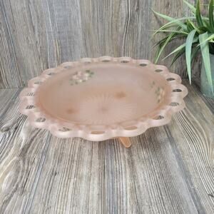 Vintage Lace Edge Bowl, Frosted Pink Floral Depression Glass Anchor Hocking